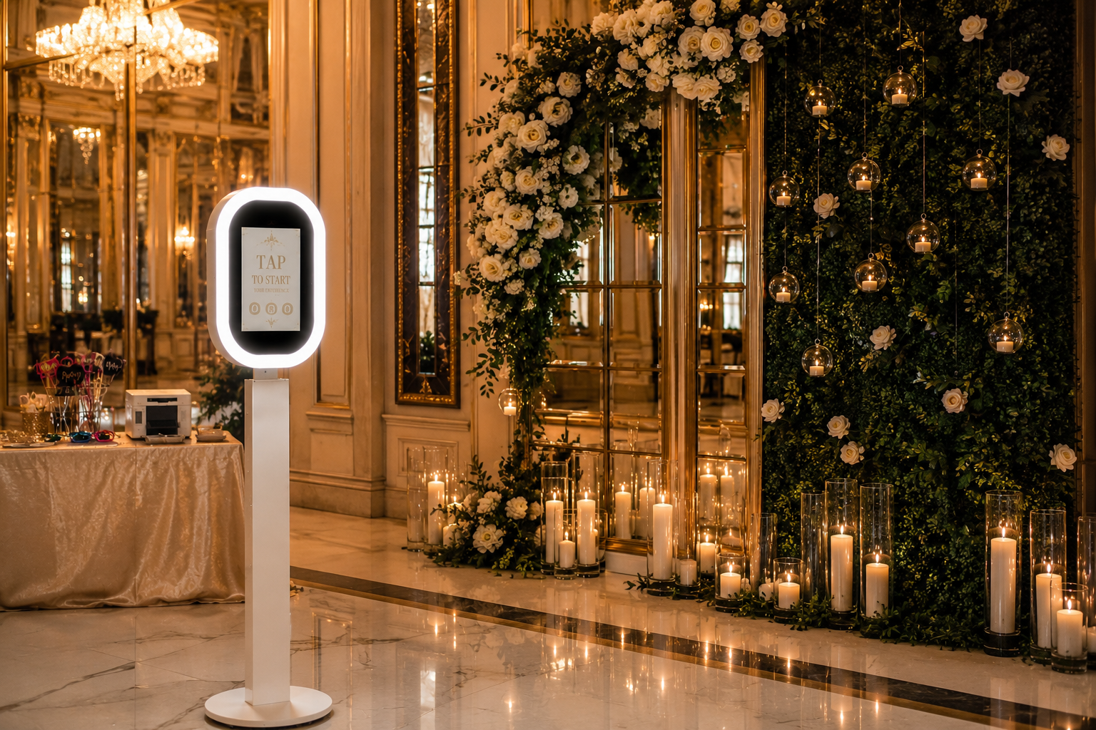 Visalia photo booth beside floral event decor